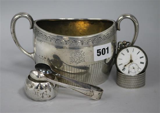 A Victorian 2 handled silver sugar basin, 9.7oz., two silver napkin rings, a silver pocket watch and plated tongs